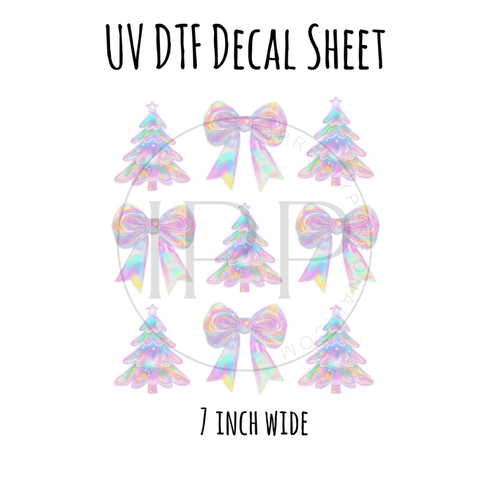 7"x7"- #31- Iridescent Coquette Bow Christmas - UV DTF Decal SHEET