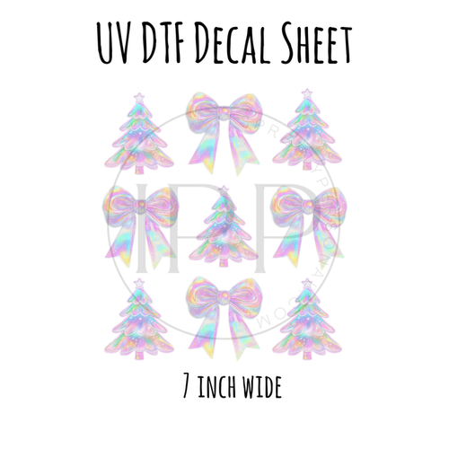 7"x7"- #31- Iridescent Coquette Bow Christmas - UV DTF Decal SHEET