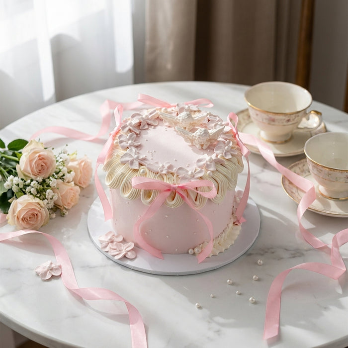 VaVa Designer Cakes Angel Wings Ribbon Chiffon Cake - delicate blossoms and pearls