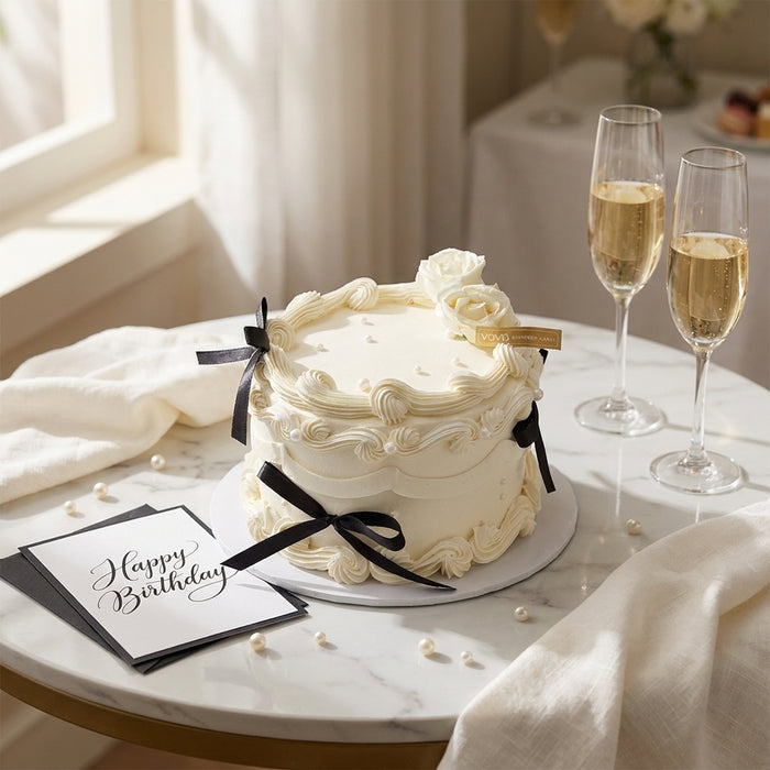 VaVa Designer Cakes Black Bow Elegance Chiffon Cake – White Rose & Pearls
