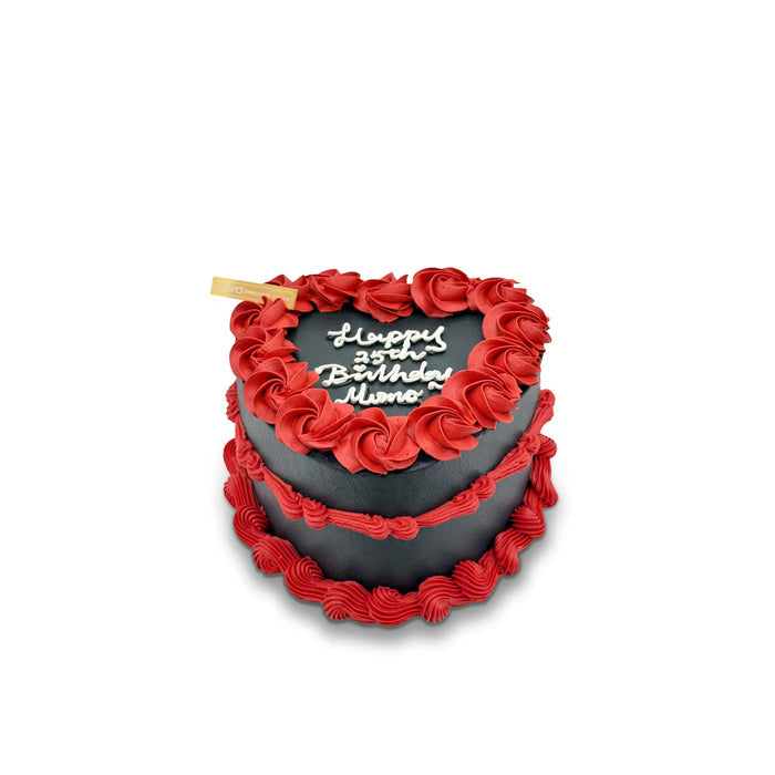 VaVa Designer Cakes Black Heart Message Chiffon Cake – Red Rosette Border