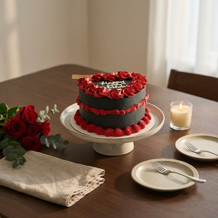 VaVa Designer Cakes Black Heart Message Chiffon Cake – Red Rosette Border