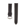Black Saffiano Leather Watch Strap with white stitching and silver buckle, ideal for luxury timepieces. Premium watch band in 20mm, 22mm, or 24mm sizes.