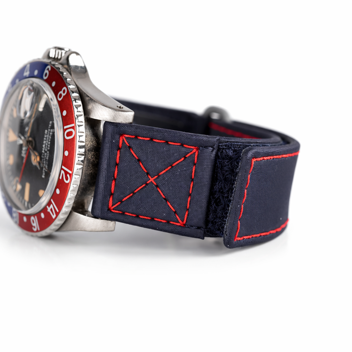 Blue Velcro Watch Band Red Stitches 20mm