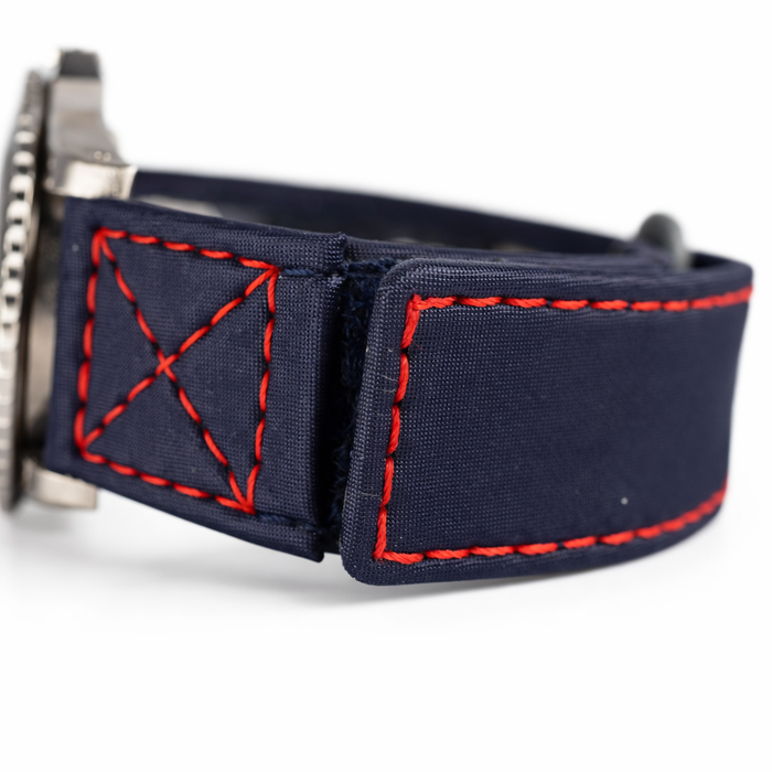 Blue Velcro Watch Band Red Stitches 20mm