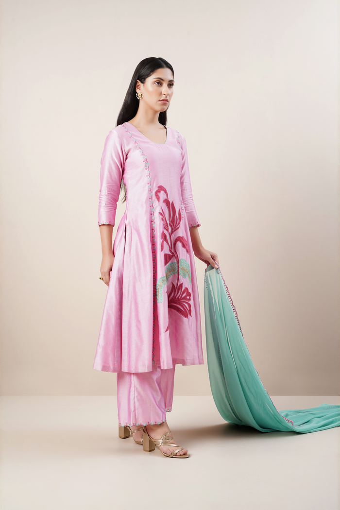Blush pink kurta set in handloom chanderi