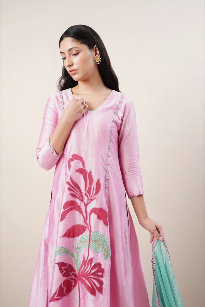 Blush pink kurta set in handloom chanderi