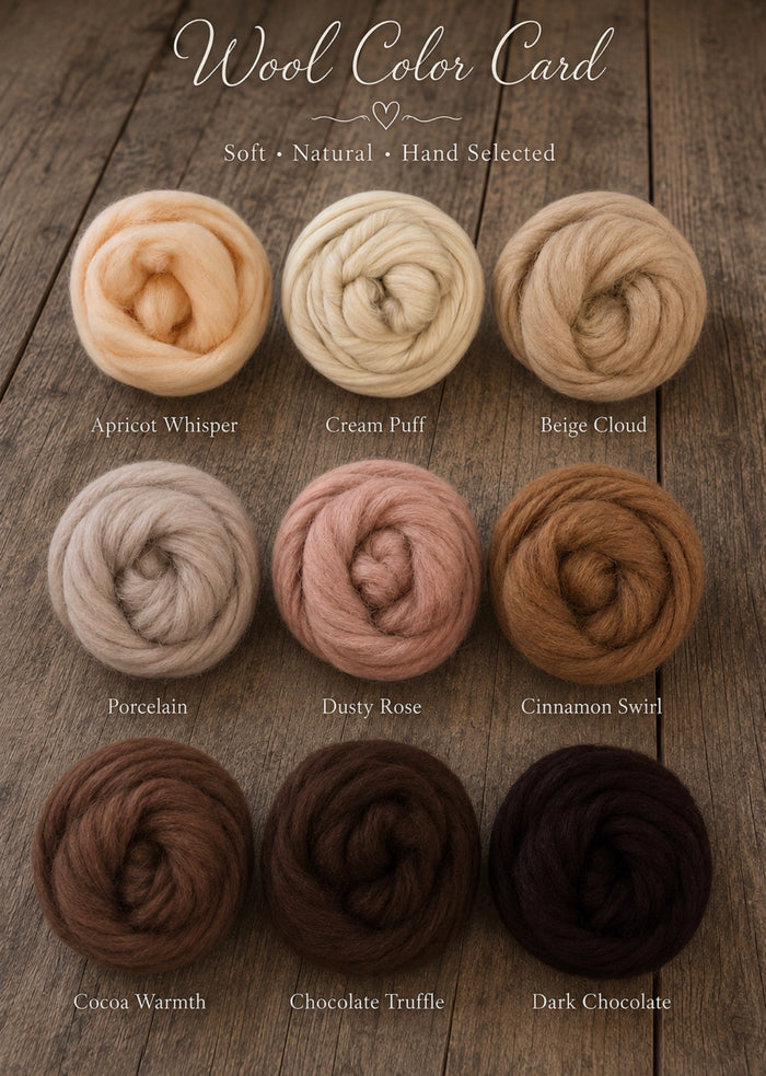 Chunky Wool Nest color card  displaying nine swirled samples of soft wool in different colors, labeled Apricot Whisper, Cream Puff, Beige Cloud, Porcelain, Dusty Rose, Cinnamon Swirl, Cocoa Warmth, Chocolate Truffle, and Dark Chocolate, arranged on a rustic wooden background under the heading 'Wool Color Card'.
