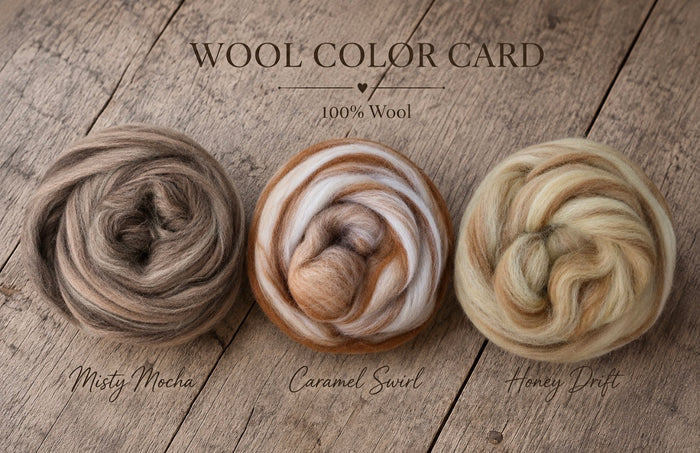 Three wool roving samples for Chunky Knitted Blanket Blankets labeled Misty Mocha, Caramel Swirl, and Honey Draft arranged on a rustic wood background under the text 'WOOL COLOR CARD 100% Wool'.