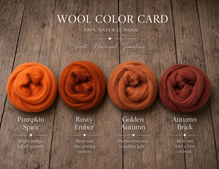 Four wool rosettes for Fluffy Marshmallow Blankets in warm autumn shades are arranged on a rustic wooden surface under the text 'WOOL COLOR CARD'. The colors are labeled Pumpkin Spice, Rusty Ember, Golden Autumn, and Autumn Brick, with additional text reading '100% NATURAL WOOL' and 'Soft Natural Textured'.
