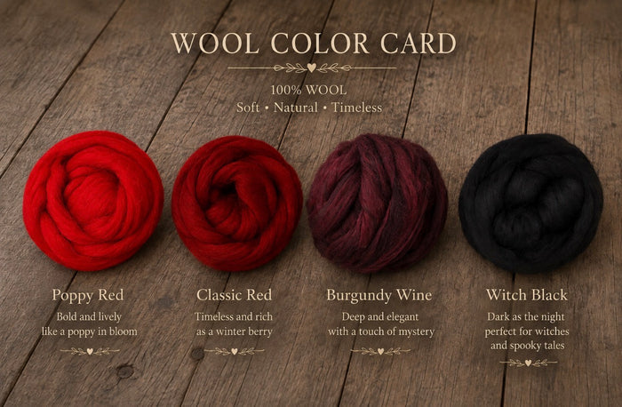 A wool color card for Fluffy Marshmallow Blankets showing four wool roving balls on a rustic wooden background, labeled Poppy Red, Classic Red, Burgundy Wine, and Witch Black with descriptive text above and below.