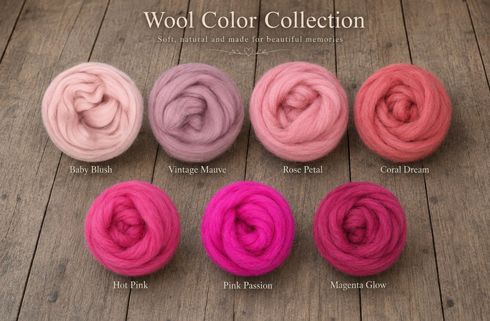 Seven rosettes of wool fiber for Fluffy Marshmallow Blankets in different colors are arranged on a rustic wooden surface under the heading 'Wool Color Collection.' The colors and names shown are Baby Blush, Vintage Mauve, Rose Petal, Coral Dream, Hot Pink, Pink Passion, and Magenta Glow.