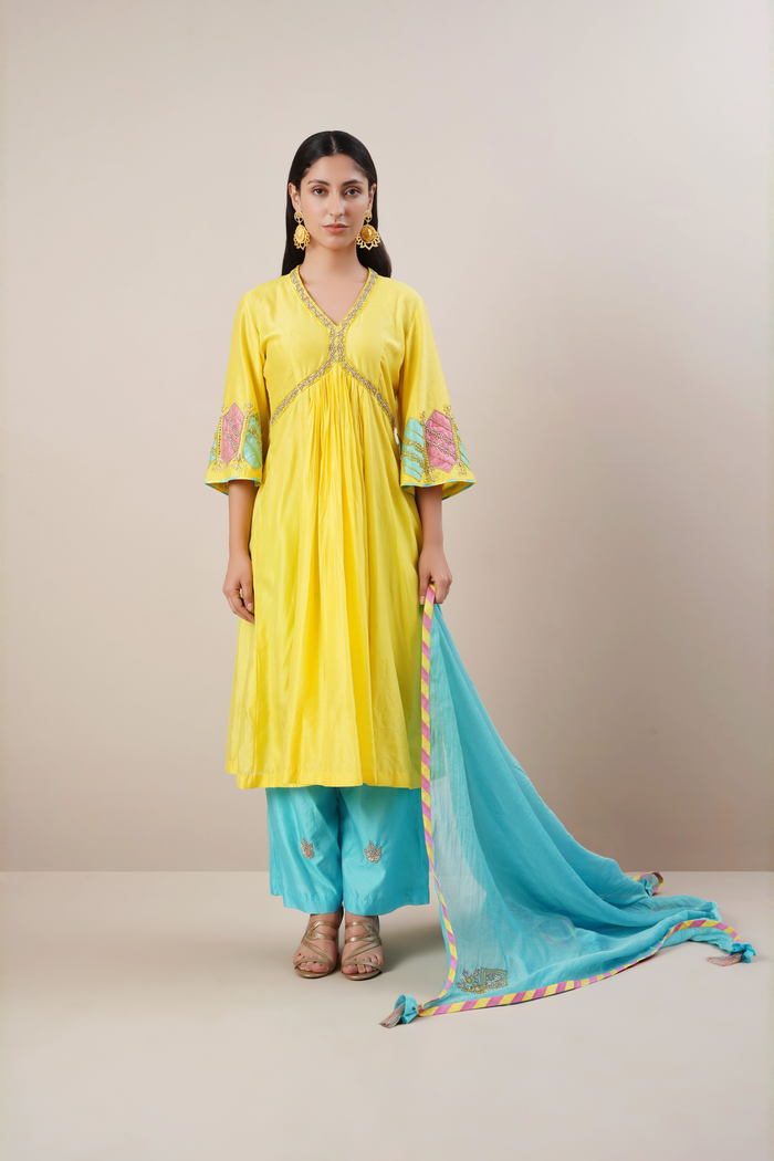 Butter yellow chanderi suit set