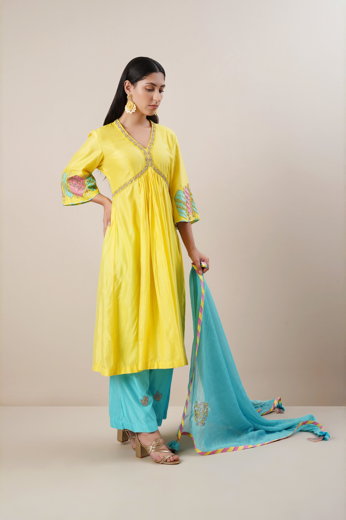 Butter yellow chanderi suit set