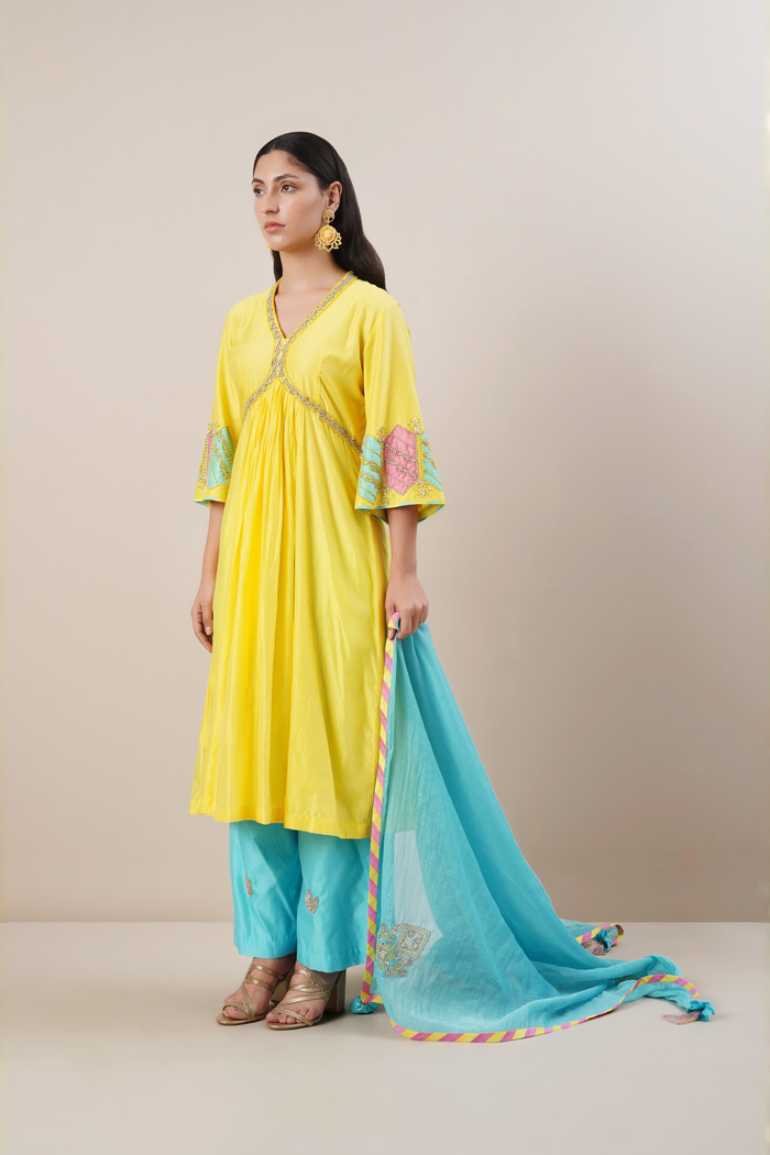 Butter yellow chanderi suit set