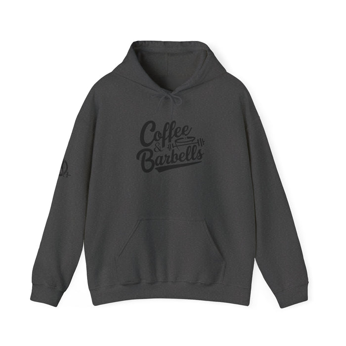 Coffee & Barbells  - Unisex Heavy Blend Hooded Sweatshirt - Black Logo on Front & Right Sleeve
