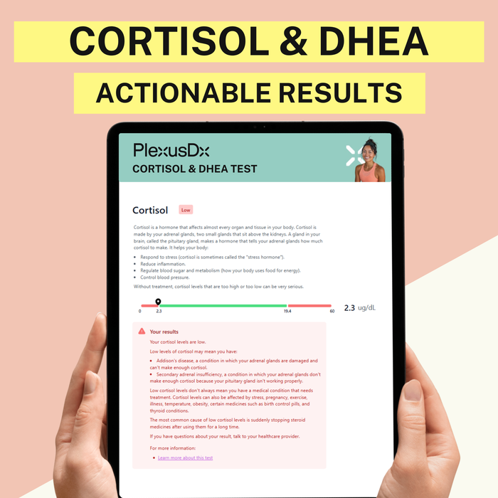 PlexusDx Cortisol & DHEA-S results dashboard showing personalized adrenal stress hormone insights