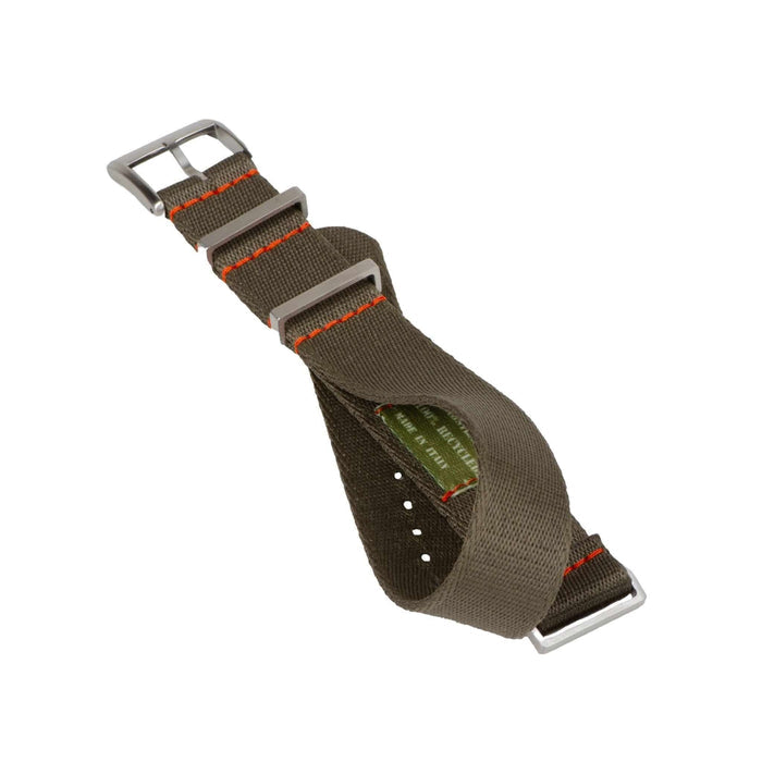 Eco-Friendly  Nylon Military  Watch Strap -  Dark Green  Orange Stitches - Recycled Military Watch Straps- Milano Straps