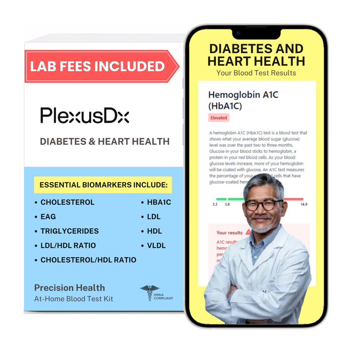 PlexusDx Diabetes & Heart Health at-home blood test kit box with cardiovascular and metabolic biomarker analysis
