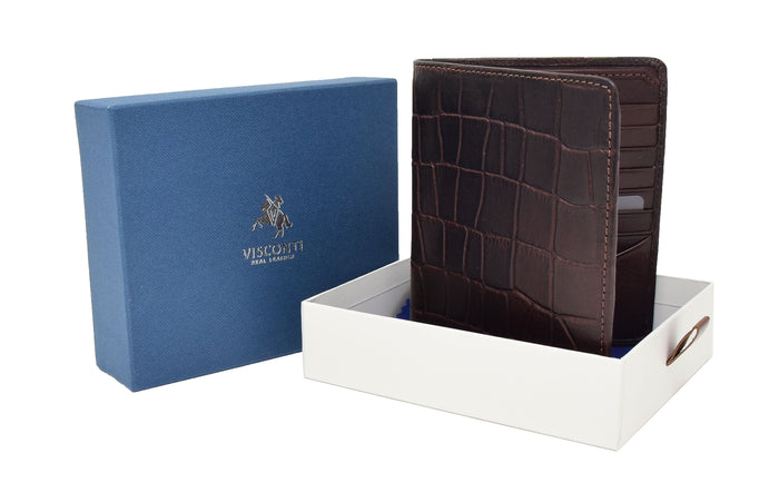 DR423 Men's Real Leather Croc Print Rfid Wallet Brown 4