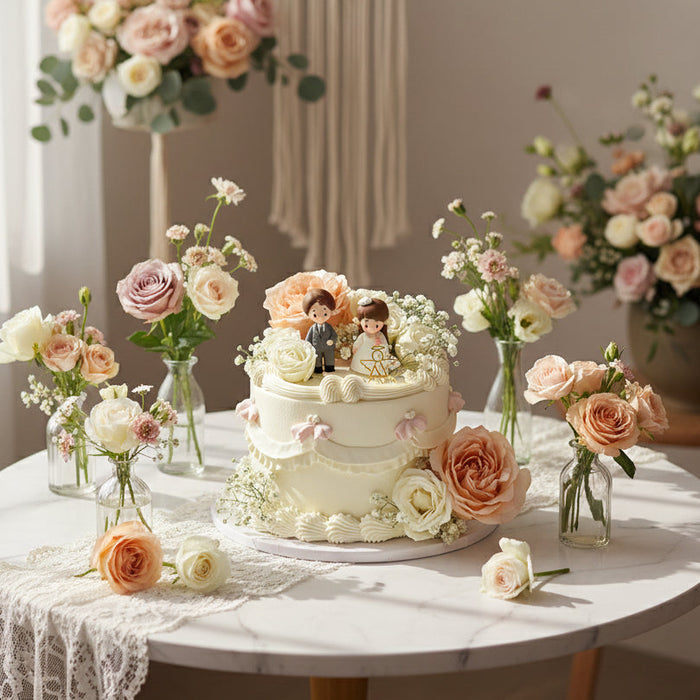 VaVa Designer Cakes Elegant Wedding Chiffon Cake – Romantic Floral Bride & Groom Design