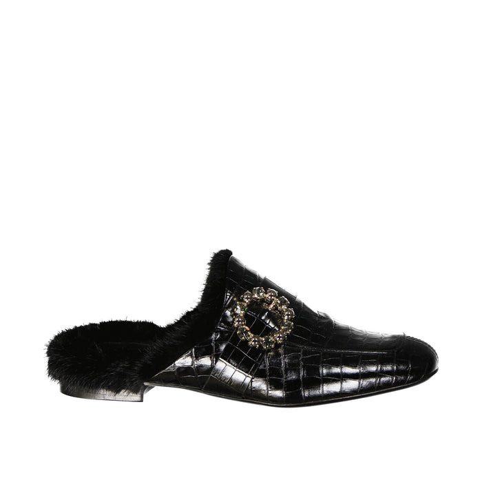 Eleventy Leather Fur Mules