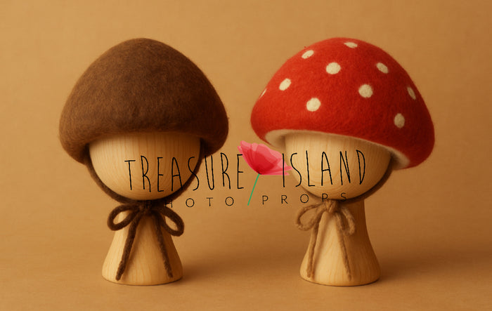Brown Bolete and red Amanita mushroom hats for woodland and fairytale baby photography