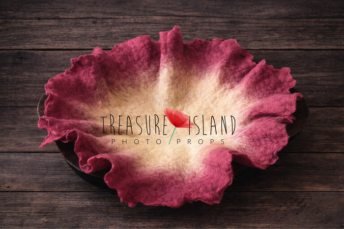 Petal Nest Blanket – Blush Cloud, hand felted newborn photography prop in wild blueberry with creamy center, organic flower shape, luxury fine art baby photo styling backdrop