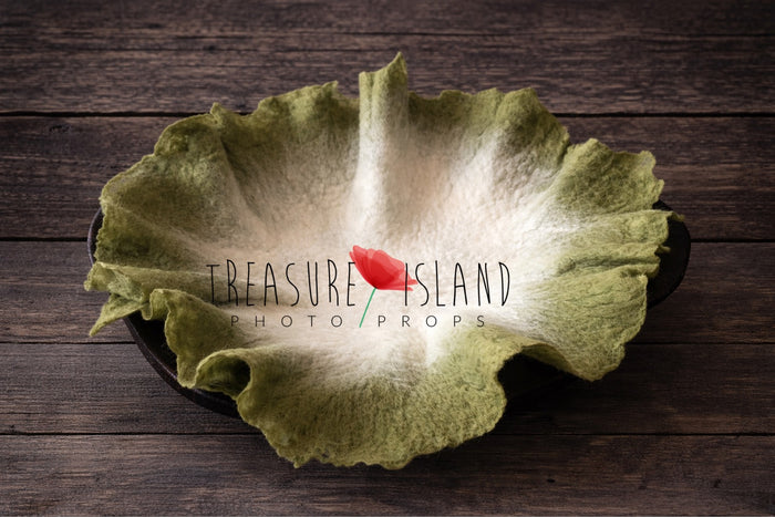 Petal Nest Blanket – Blush Cloud, hand felted newborn photography prop in olive with creamy center, organic flower shape, luxury fine art baby photo styling backdrop