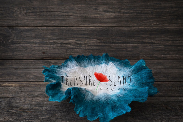 Petal Nest Blanket – Blush Cloud, hand felted newborn photography prop in ocean deep blue with white  center, organic flower shape, luxury fine art baby photo styling backdrop