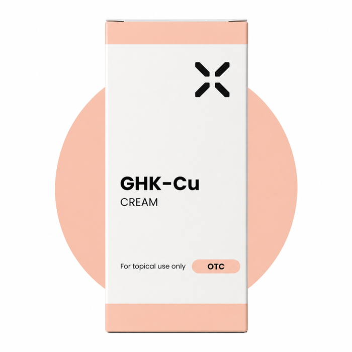 GHK-Cu Cream packaging with a pink circle background