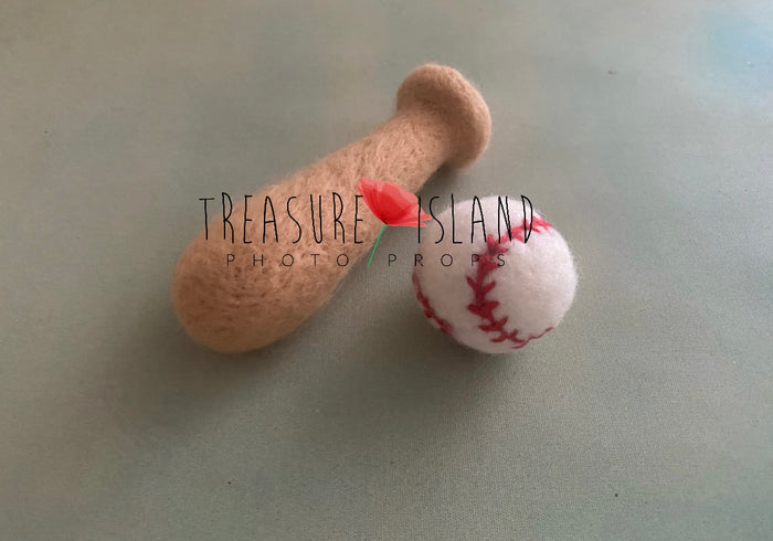 Hand-felted baseball bat and ball set for newborn sports photography