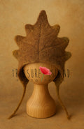 Handmade felted Oak Leaf Bonnet in brown merino wool for newborn and sitter woodland photography