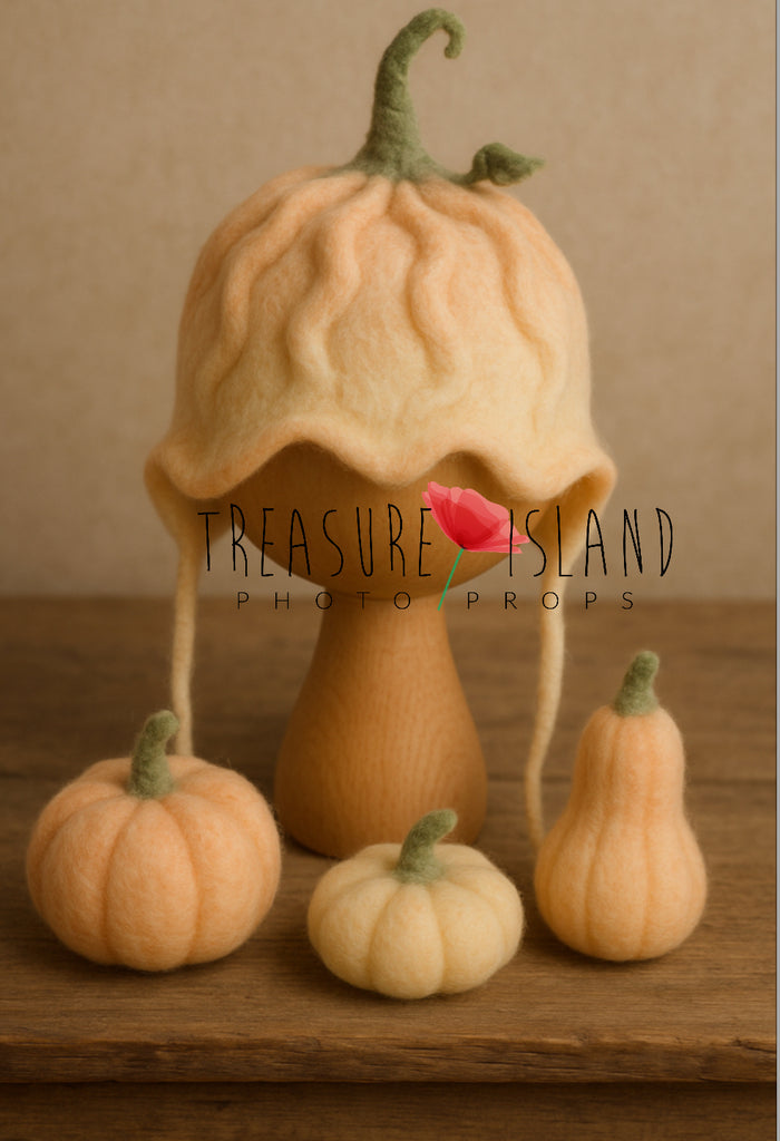 Hand-felted heirloom pumpkin bonnet with three coordinating merino wool pumpkins in soft blush peach and ivory tones for newborn, sitter and Fine Art autumn photography