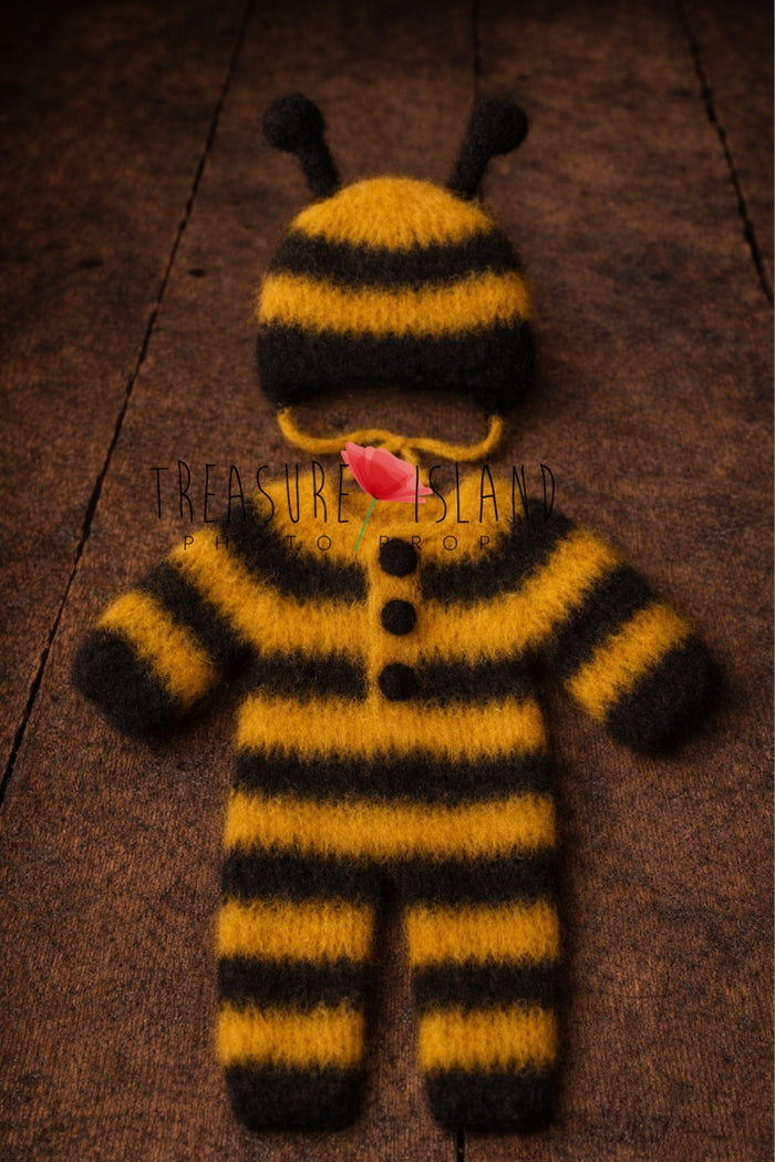 Hand-knitted bee romper and bonnet photography outfit in yellow and black stripes