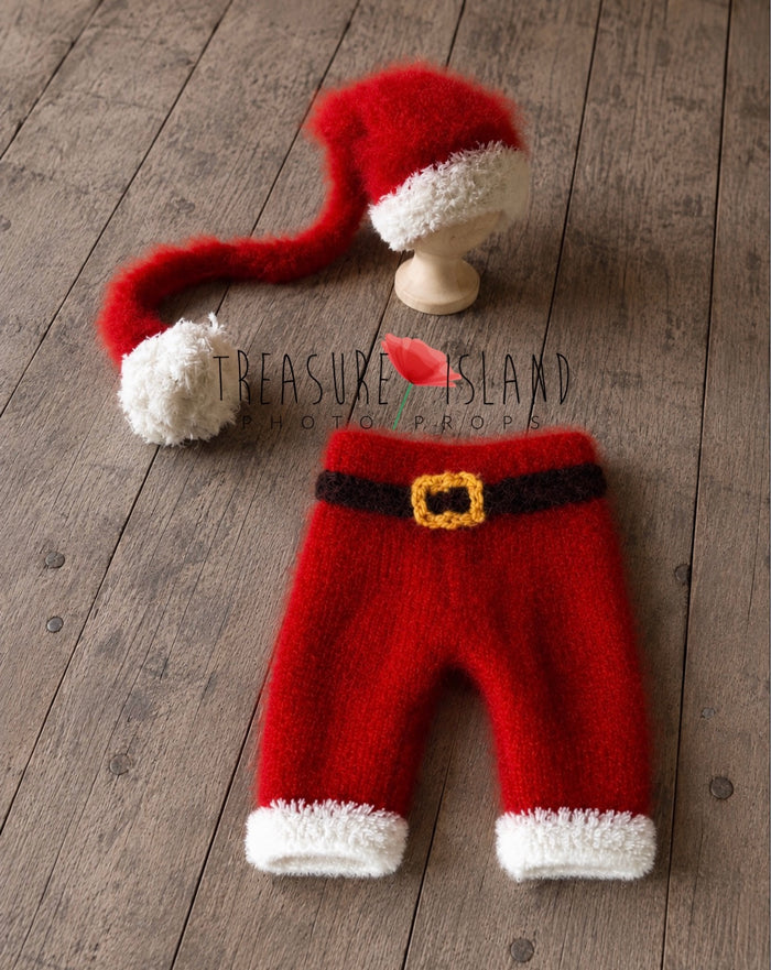 Handmade knitted Santa Boy set with red pants and long pompom hat for newborn Christmas photography