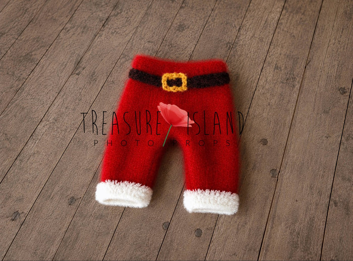 Red knitted Santa pants with fluffy white cuffs, black belt and golden buckle for newborn photography