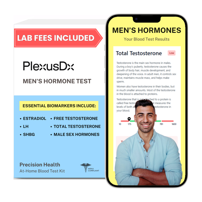 PlexusDx Men's Hormone at-home blood test kit box with testosterone biomarker analysis