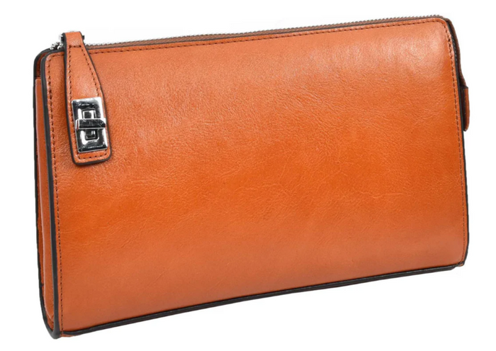 Men’s Large Leather Wrist Bag – Handheld Clutch & Travel Organizer – Wristlet Pouch – Gomez Tan