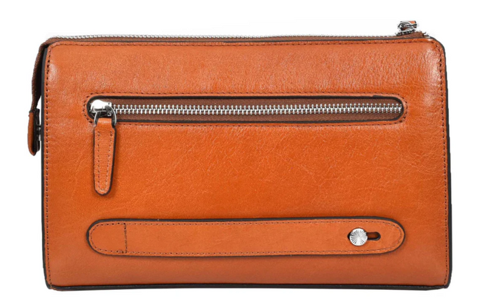 Men’s Large Leather Wrist Bag – Handheld Clutch & Travel Organizer – Wristlet Pouch – Gomez Tan