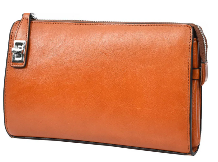 Men’s Large Leather Wrist Bag – Handheld Clutch & Travel Organizer – Wristlet Pouch – Gomez Tan