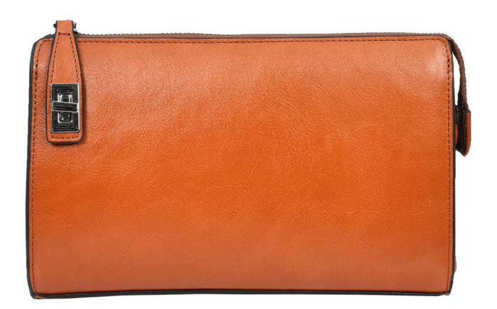 Men’s Large Leather Wrist Bag – Handheld Clutch & Travel Organizer – Wristlet Pouch – Gomez Tan