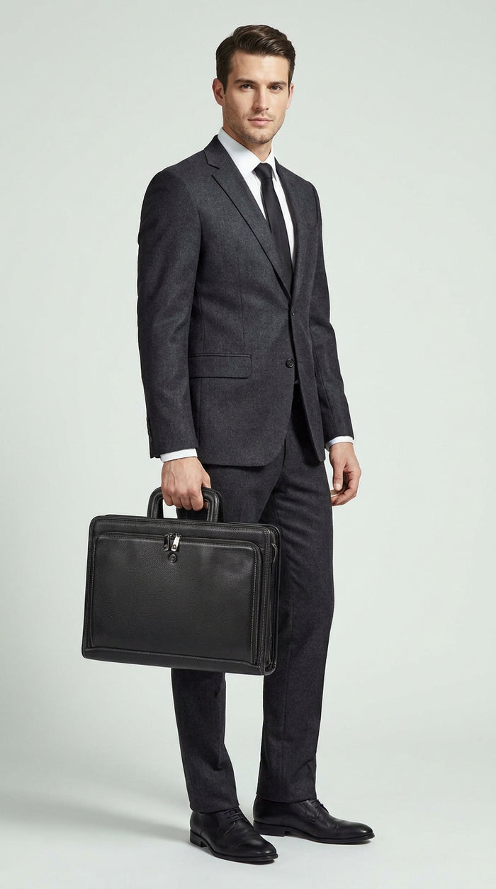 Mens Pebbled Leather Crossbody Business Briefcase Bag – Cedric Midnight Black