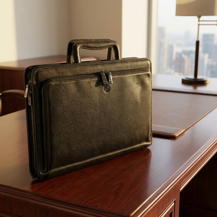 Mens Pebbled Leather Crossbody Business Briefcase Bag – Cedric Midnight Black
