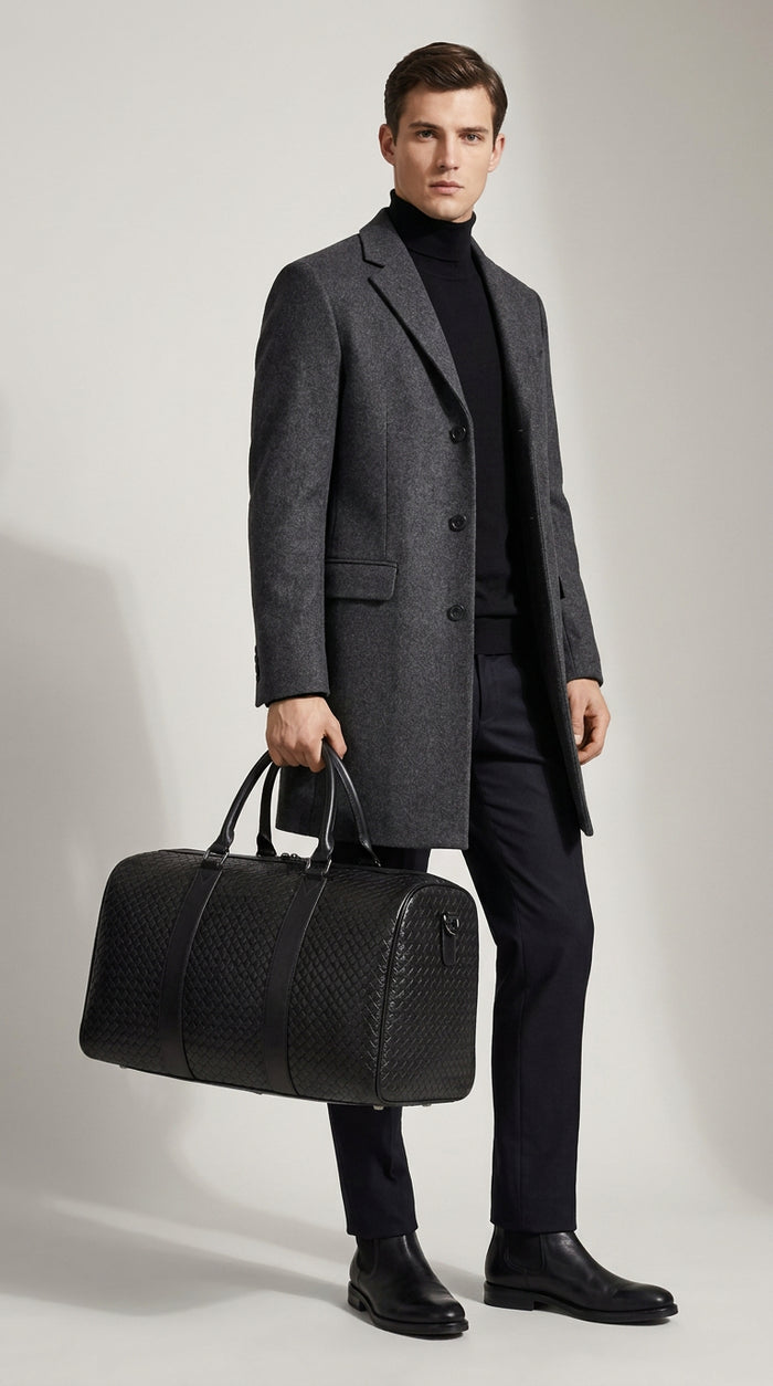 Mens Woven Leather Crossbody Travel Holdall – Davis Black Onyx