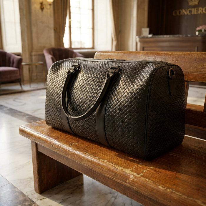 Mens Woven Leather Crossbody Travel Holdall – Davis Black Onyx