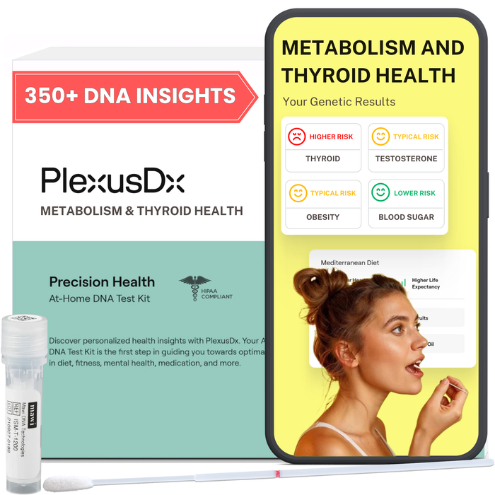 PlexusDx Metabolism & Thyroid Health DNA test kit with smartphone displaying 350+ personalized genetic insights