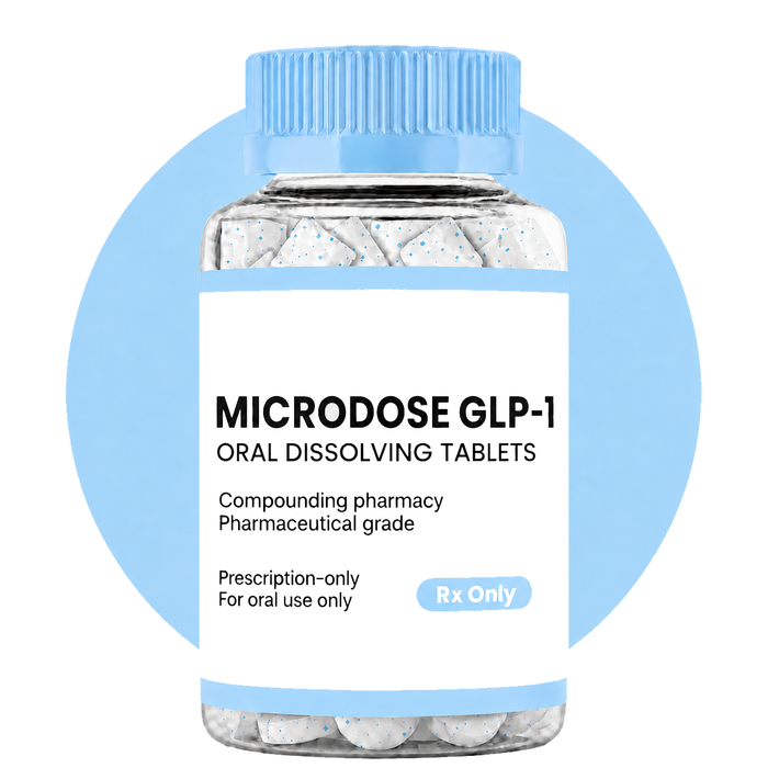 Bottle of Microdose GLP-1 oral dissolving tablets with a blue circular background