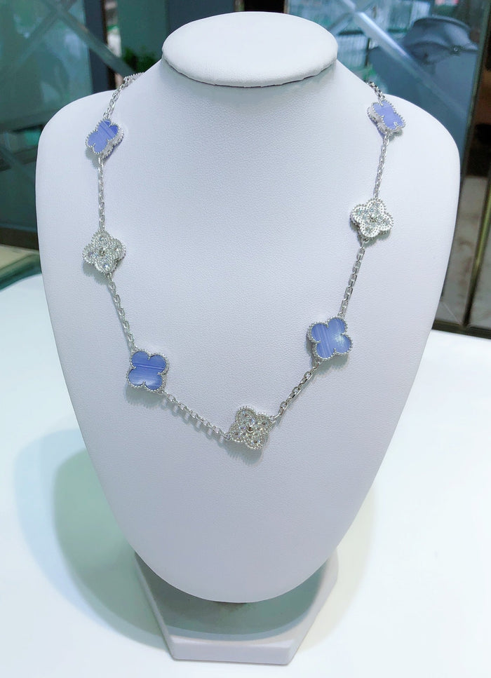 [MIRA]CLOVER 10 MOTIFS CHALCEDONY DIAMONDS SILVER NECKLACE