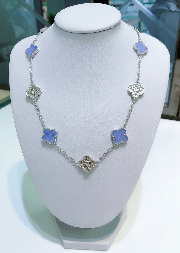 [MIRA]CLOVER 10 MOTIFS CHALCEDONY DIAMONDS SILVER NECKLACE